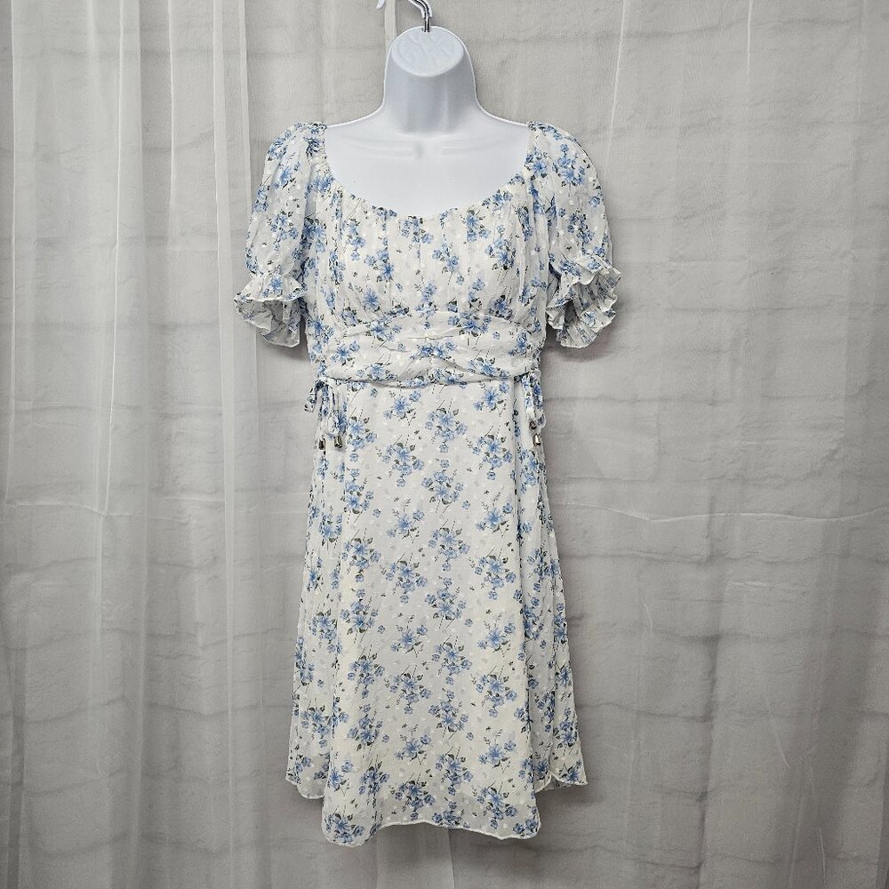 Simplee Mini Dress White Blue Floral Y2K Cottage Coquette Milkmaid L NWT